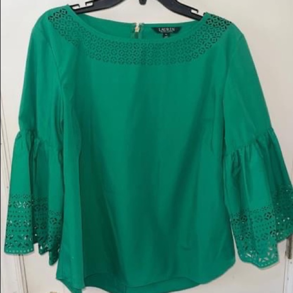 Ralph Lauren Kelly green top with bell sleeves! Size XL, no stretch.